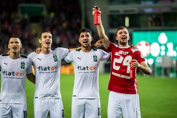 Stefan Lainer, Florian Neuhaus, Lars Stindl and Christoph Kramer of Borussia Moenchengladbach celebrate their victory after the first Round DFB-Cup...
