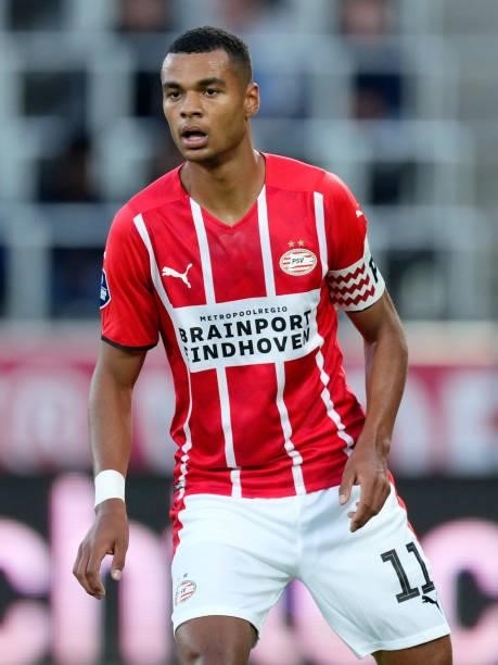Cody Gakpo of PSV during the UEFA Champions League match between FC Midtjylland v PSV at the Arena Herning on August 10, 2021 in Herning Denmark