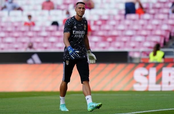 Odysseas Vlachodimos of SL Benfica in action during warm up before the start of the UEFA Champions League : Third Qualifying Round Leg Two match...