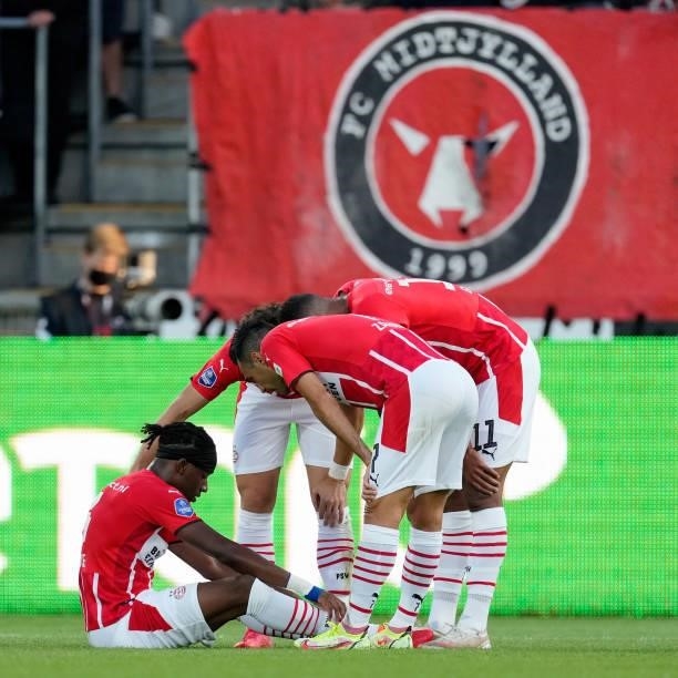 Noni Madueke of PSV injury during the UEFA Champions League match between FC Midtjylland v PSV at the Arena Herning on August 10, 2021 in Herning...
