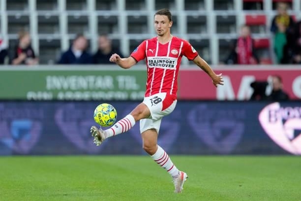 Olivier Boscagli of PSV during the UEFA Champions League match between FC Midtjylland v PSV at the Arena Herning on August 10, 2021 in Herning Denmark