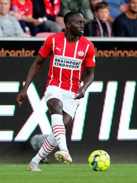 Jordan Teze of PSV during the UEFA Champions League match between FC Midtjylland v PSV at the Arena Herning on August 10, 2021 in Herning Denmark