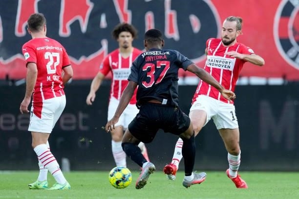 Raphael Nwadike of FC Midtjylland, Davy Propper of PSV during the UEFA Champions League match between FC Midtjylland v PSV at the Arena Herning on...