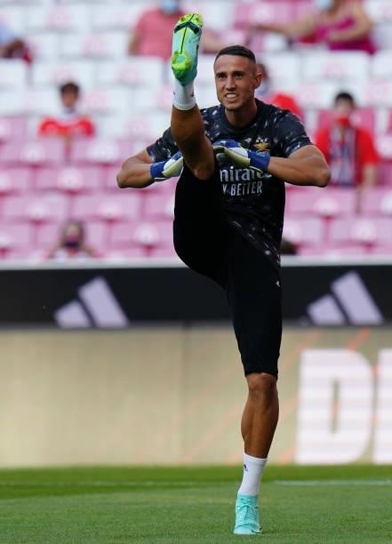 Odysseas Vlachodimos of SL Benfica in action during warm up before the start of the UEFA Champions League : Third Qualifying Round Leg Two match...