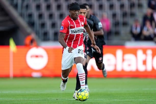 Noni Madueke of PSV during the UEFA Champions League match between FC Midtjylland v PSV at the Arena Herning on August 10, 2021 in Herning Denmark