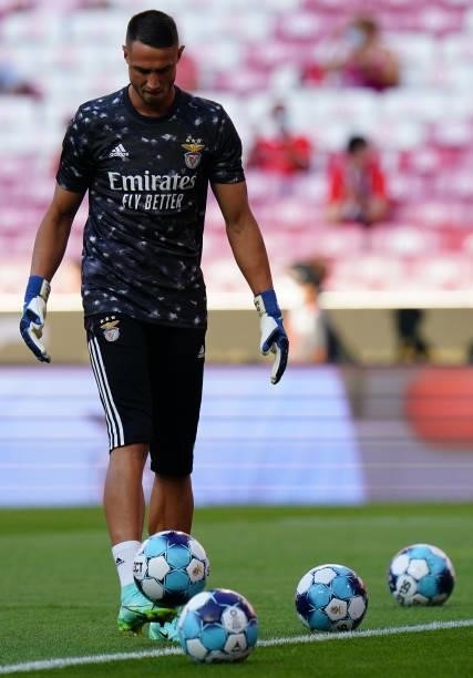 Odysseas Vlachodimos of SL Benfica in action during warm up before the start of the UEFA Champions League Third Qualifying Round Leg Two match...
