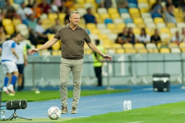 Head coach John van den Brom of KRC Genk gestures during the UEFA Champions League 2021-22 third qualifying round 2nd leg between Shakhtar Donetsk...