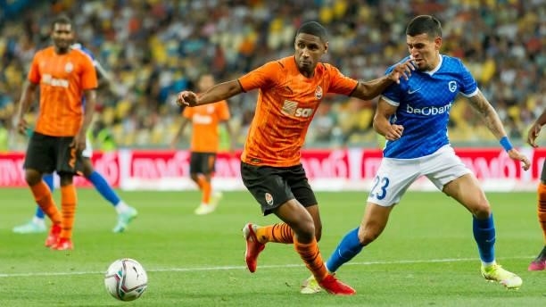 Tete of Shakhtar Donetsk and Daniel Munoz of KRC Genk battle for the ball during the UEFA Champions League 2021-22 third qualifying round 2nd leg...