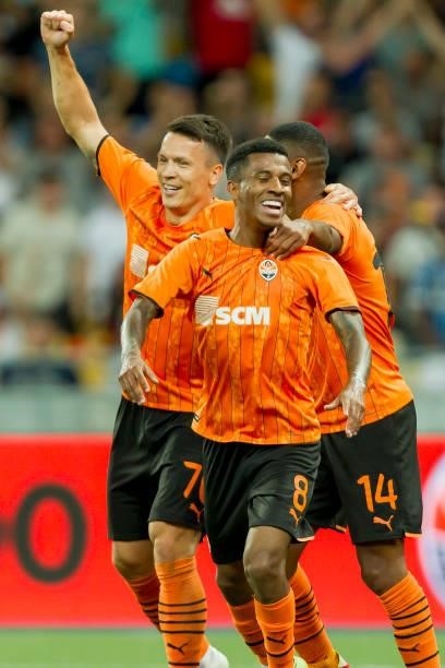 Marcos Antonio of Shakhtar Donetsk celebrates after scoring his team's second goal with teammates during the UEFA Champions League 2021-22 third...
