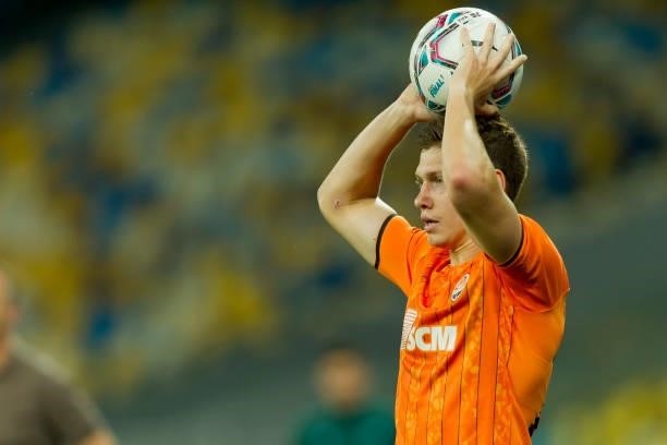 Mykola Matvienko of Shakhtar Donetsk throw-in during the UEFA Champions League 2021-22 third qualifying round 2nd leg between Shakhtar Donetsk and...