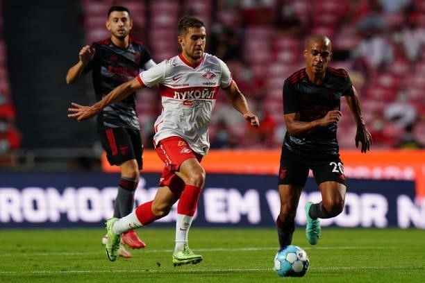 Roman Zobnin of Spartak Moskva with Joao Mario of SL Benfica in action during the UEFA Champions League : Third Qualifying Round Leg Two match...