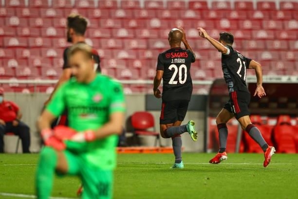 Joao Mario of SL Benfica celebrates scoring SL Benfica goal during the UEFA Champions League Third Qualifying Round Leg One match between SL Benfica...
