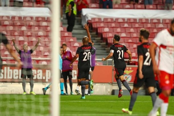 Joao Mario of SL Benfica celebrates scoring SL Benfica goal during the UEFA Champions League Third Qualifying Round Leg One match between SL Benfica...