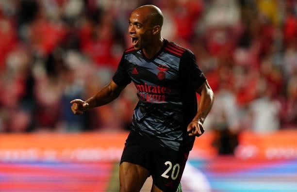 Joao Mario of SL Benfica celebrates after scoring a goal during the UEFA Champions League : Third Qualifying Round Leg Two match between SL Benfica...
