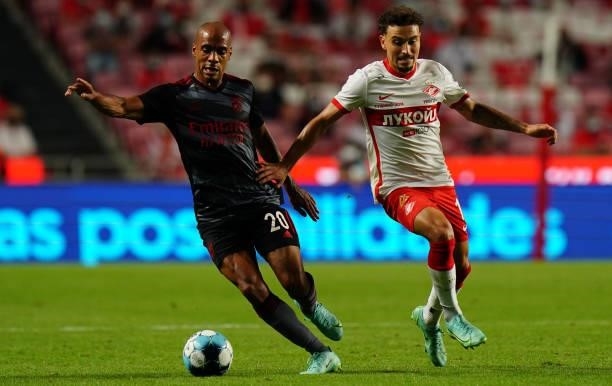 Joao Mario of SL Benfica with Jordan Larsson of Spartak Moskva in action during the UEFA Champions League Third Qualifying Round Leg Two match...
