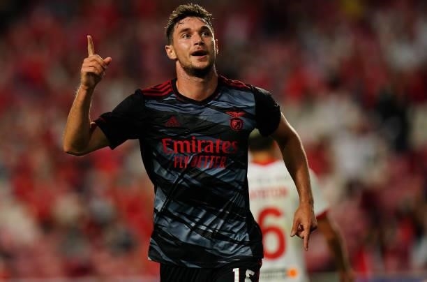 Roman Yaremchuk of SL Benfica celebrates after scoring a goal during the UEFA Champions League Third Qualifying Round Leg Two match between SL...