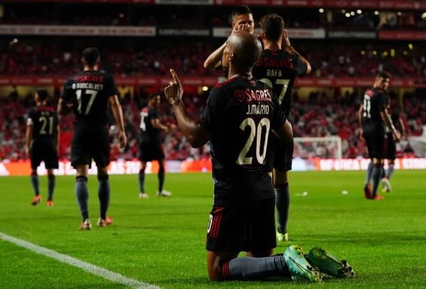 Joao Mario of SL Benfica celebrates after scoring a goal during the UEFA Champions League Third Qualifying Round Leg Two match between SL Benfica and...