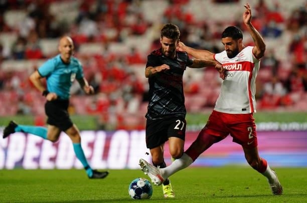 Rafa Silva of SL Benfica with Samuel Gigot of Spartak Moskva in action during the UEFA Champions League Third Qualifying Round Leg Two match between...