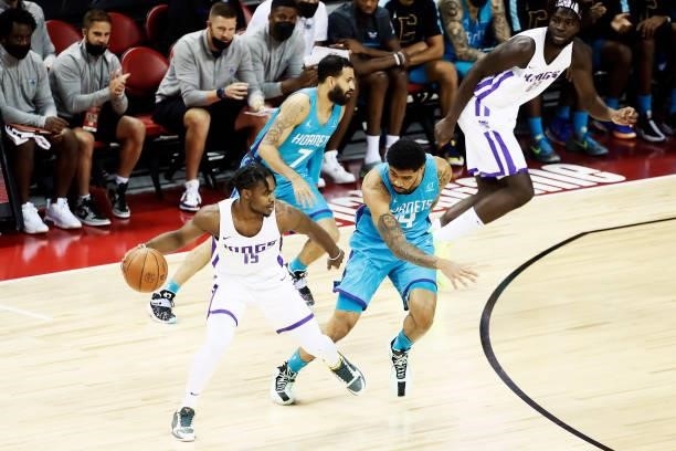Davion Mitchell of the Sacramento Kings handles the ball against the Charlotte Hornets during the 2021 Las Vegas Summer League on August 9, 2021 at...