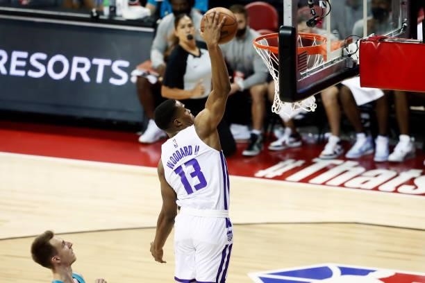 Robert Woodard II of the Sacramento Kings dunks the ball against the Charlotte Hornets during the 2021 Las Vegas Summer League on August 9, 2021 at...