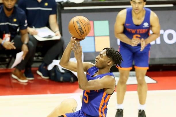 Immanuel Quickley of the New York Knicks shoots the ball against the Indiana Pacers during the 2021 Las Vegas Summer League on August 9, 2021 at the...