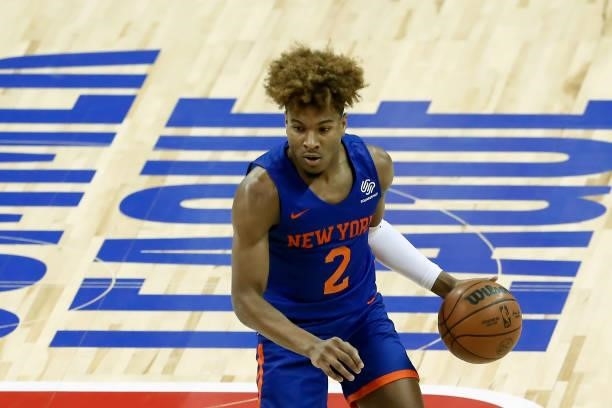 Miles McBride of the New York Knicks dribbles the ball against the Indiana Pacers during the 2021 Las Vegas Summer League on August 9, 2021 at the...
