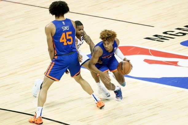 Miles McBride of the New York Knicks drives to the basket against the Indiana Pacers during the 2021 Las Vegas Summer League on August 9, 2021 at the...