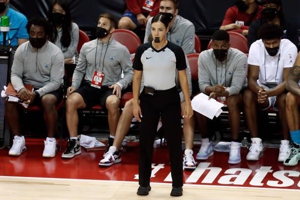Referee Blanca Burns looks on during the 2021 Las Vegas Summer League on August 9, 2021 at the Thomas & Mack Center in Las Vegas, NV. NOTE TO USER:...