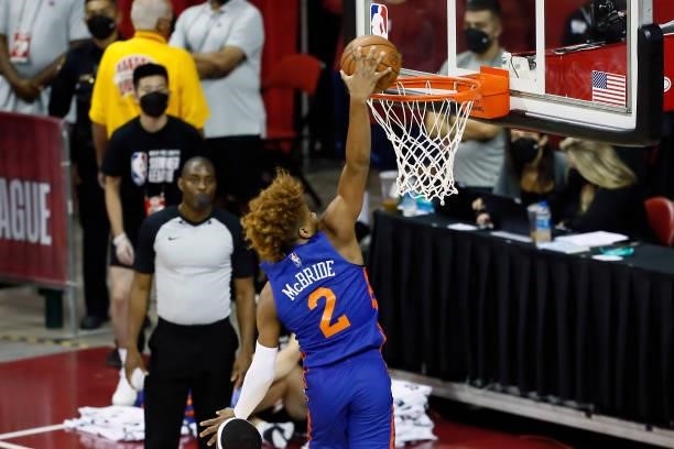 Miles McBride of the New York Knicks dunks the ball against the Indiana Pacers during the 2021 Las Vegas Summer League on August 9, 2021 at the...