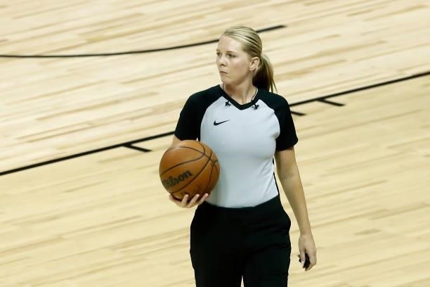 Referee Jenna Schroeder looks on during the 2021 Las Vegas Summer League on August 9, 2021 at the Thomas & Mack Center in Las Vegas, NV. NOTE TO...