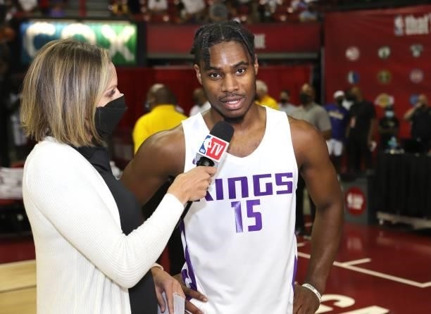 Davion Mitchell of the Sacramento Kings interviews after the game against the Charlotte Hornets during the 2021 Las Vegas Summer League on August 9,...