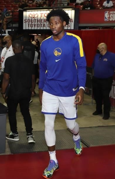 Jonathan Kuminga of the Golden State Warriors looks on during the 2021 Las Vegas Summer League on August 9, 2021 at the Cox Pavilion in Las Vegas,...