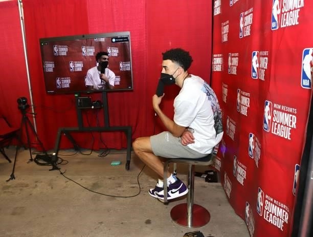 Chris Duarte of the Indiana Pacers interviews after the game against the New York Knicks during the 2021 Las Vegas Summer League on August 9, 2021 at...