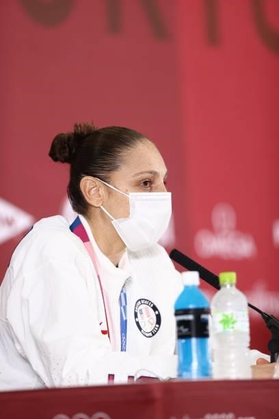 Diana Taurasi of the USA Women's National Team talks to the media during a press conference during the 2020 Tokyo Olympics at the Super Saitama Arena...