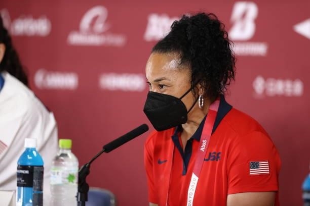 Head Coach Dawn Staley of the the USA Women's National Team talks to the media during a press conference during the 2020 Tokyo Olympics at the Super...