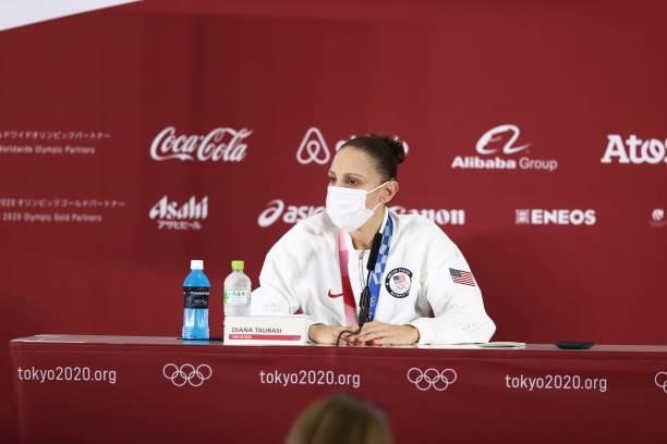 Diana Taurasi of the USA Women's National Team talks to the media during a press conference during the 2020 Tokyo Olympics at the Super Saitama Arena...