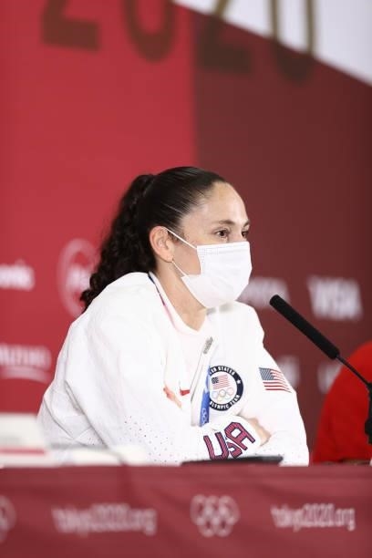 Sue Bird of the USA Women's National Team talks to the media during a press conference during the 2020 Tokyo Olympics at the Super Saitama Arena on...