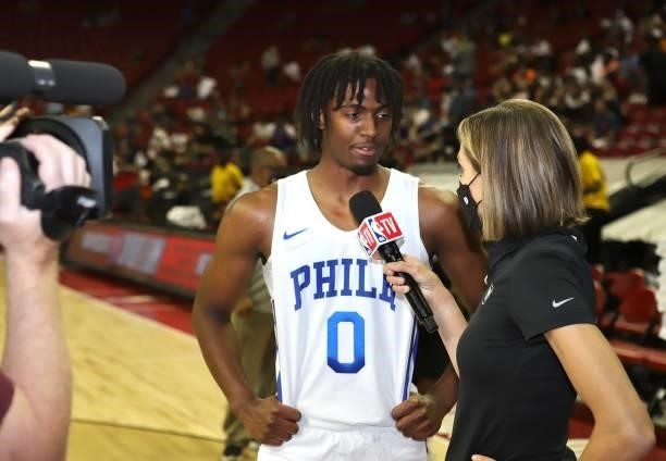 Tyrese Maxey of the Philadelphia 76ers interviews after the game against the Dallas Mavericks during the 2021 Las Vegas Summer League on August 9,...