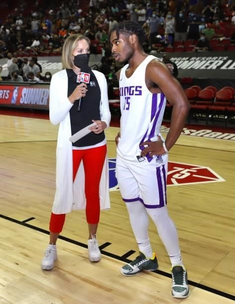 Davion Mitchell of the Sacramento Kings interviews after the game against the Charlotte Hornets during the 2021 Las Vegas Summer League on August 9,...