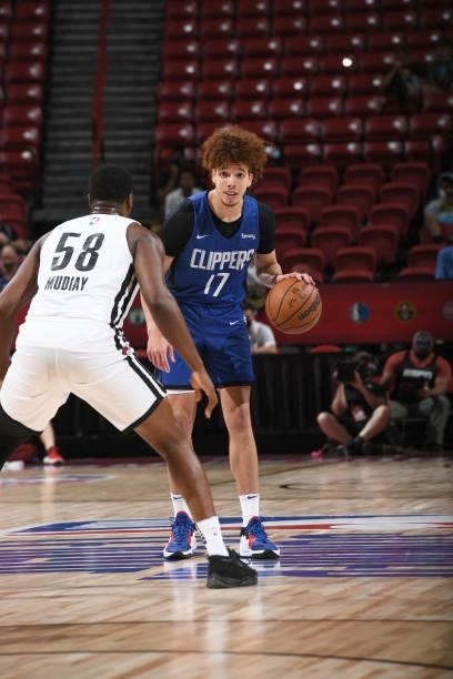 Jason Preston of the LA Clippers handles the ball against the Portland Trail Blazers during the 2021 Las Vegas Summer League on August 10, 2021 at...