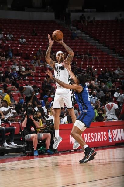 Michael Beasley of the Portland Trail Blazers shoots the ball against the LA Clippers during the 2021 Las Vegas Summer League on August 10, 2021 at...