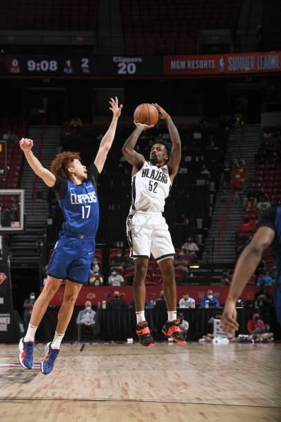 Antonio Blakeney of the Portland Trail Blazers shoots the ball against the LA Clippers during the 2021 Las Vegas Summer League on August 10, 2021 at...