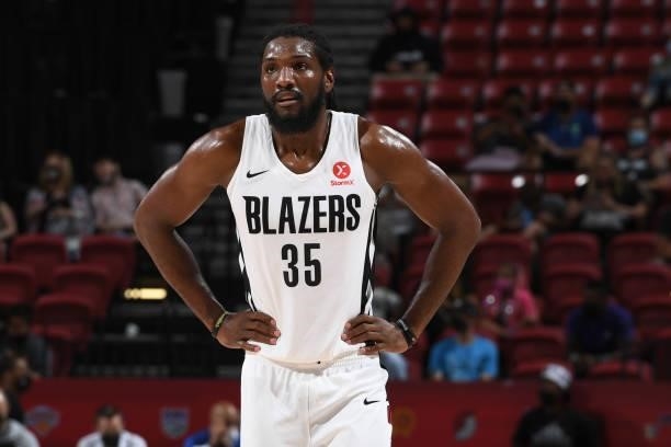 Kenneth Faried of the Portland Trail Blazers looks on during the game against the LA Clippers during the 2021 Las Vegas Summer League on August 10,...