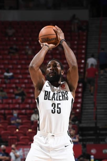 Kenneth Faried of the Portland Trail Blazers shoots a free throw against the LA Clippers during the 2021 Las Vegas Summer League on August 10, 2021...