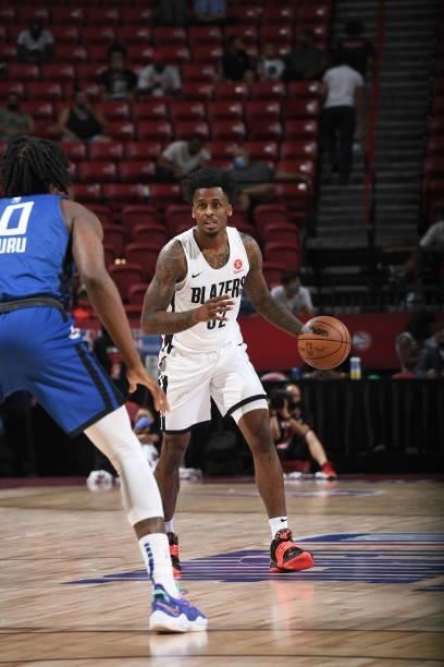 Antonio Blakeney of the Portland Trail Blazers handles the ball against the LA Clippers during the 2021 Las Vegas Summer League on August 10, 2021 at...