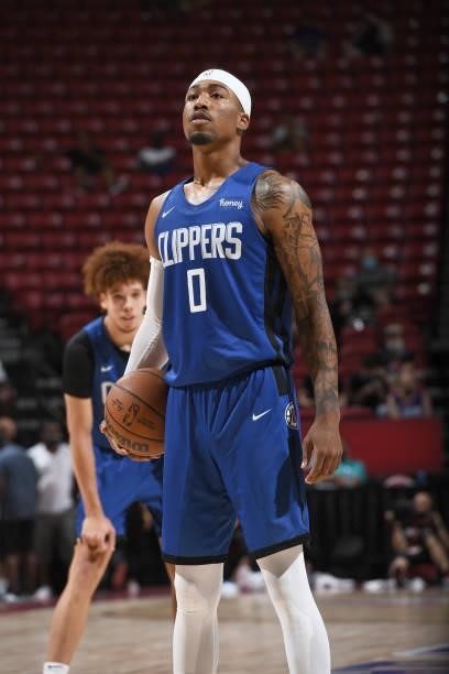 Jay Scrubb of the LA Clippers looks to shoot a free throw against the Portland Trail Blazers during the 2021 Las Vegas Summer League on August 10,...