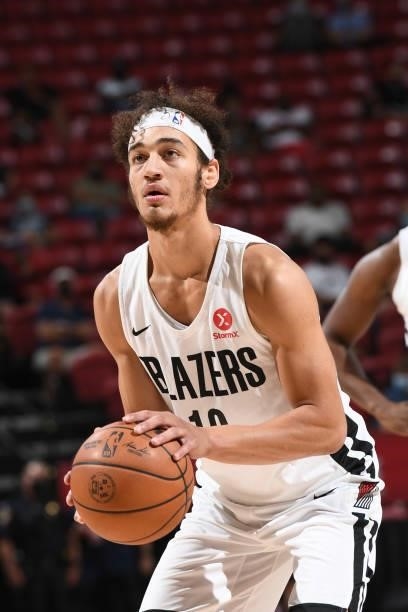 Elleby of the Portland Trail Blazers shoots a free throw against the LA Clippers during the 2021 Las Vegas Summer League on August 10, 2021 at the...