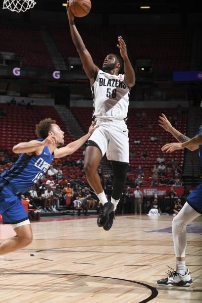 Emmanuel Mudiay of the Portland Trail Blazers drives to the basket against the LA Clippers during the 2021 Las Vegas Summer League on August 10, 2021...