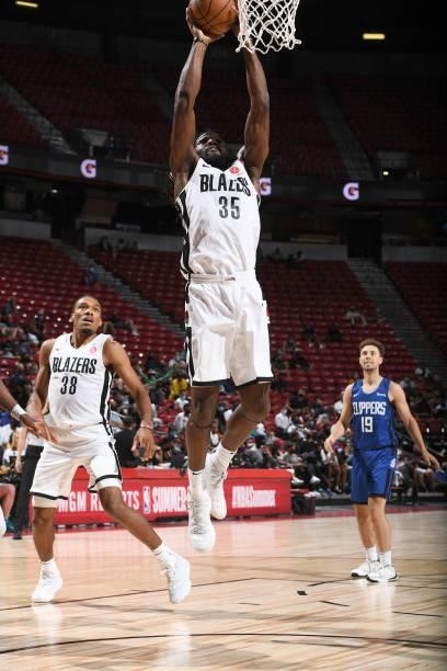 Kenneth Faried of the Portland Trail Blazers drives to the basket against the LA Clippers during the 2021 Las Vegas Summer League on August 10, 2021...
