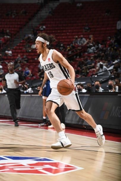 Elleby of the Portland Trail Blazers handles the ball against the LA Clippers during the 2021 Las Vegas Summer League on August 10, 2021 at the...
